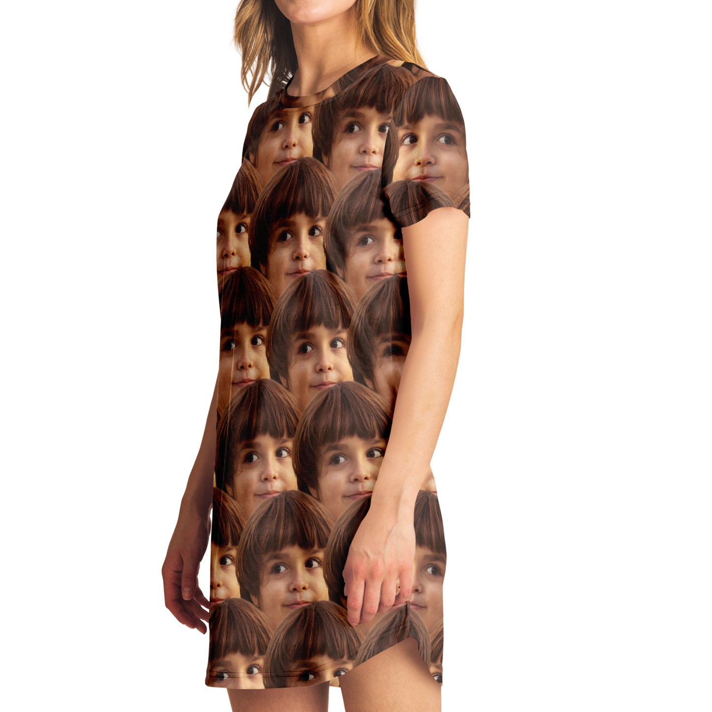Angled profile view of Custom Face Print T-Shirt Dress showing photo wrap on side