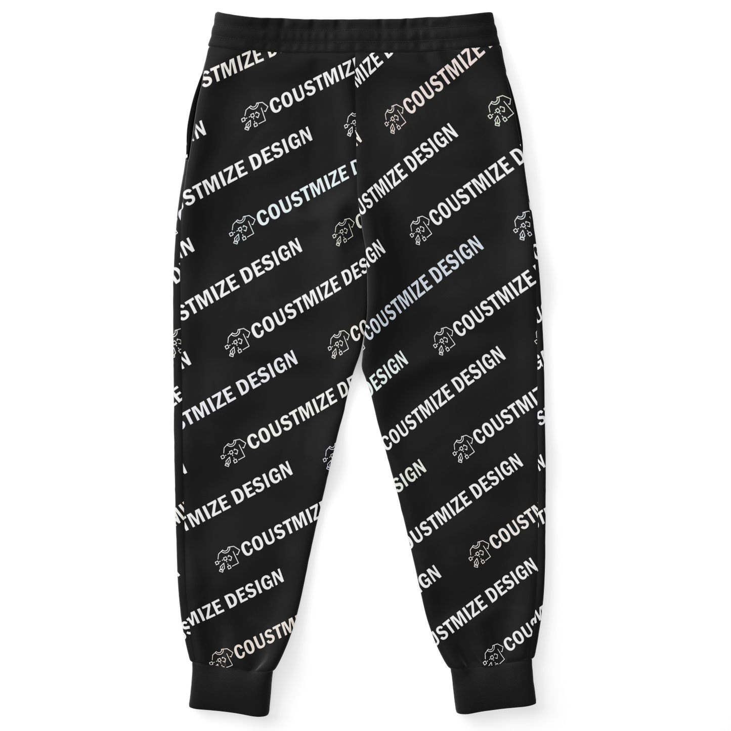 Custom joggers with repeating design placeholder text, back flat lay vie