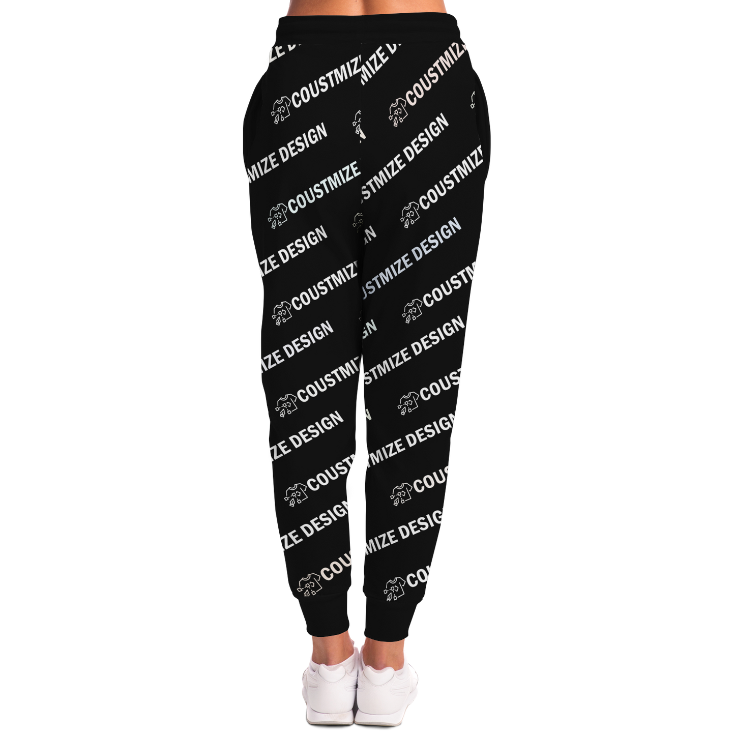Back view of woman in black joggers with “YOUR DESIGN HERE” pattern for personalization