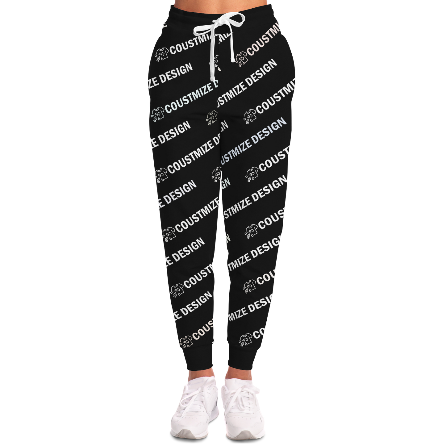 Woman wearing black customizable jogger pants with repeating text print, front view