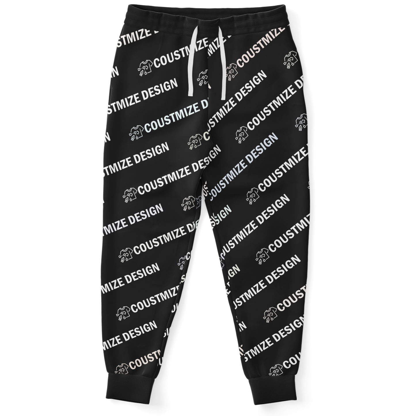 Custom jogger pants with “YOUR DESIGN HERE” placeholder, front flat lay view