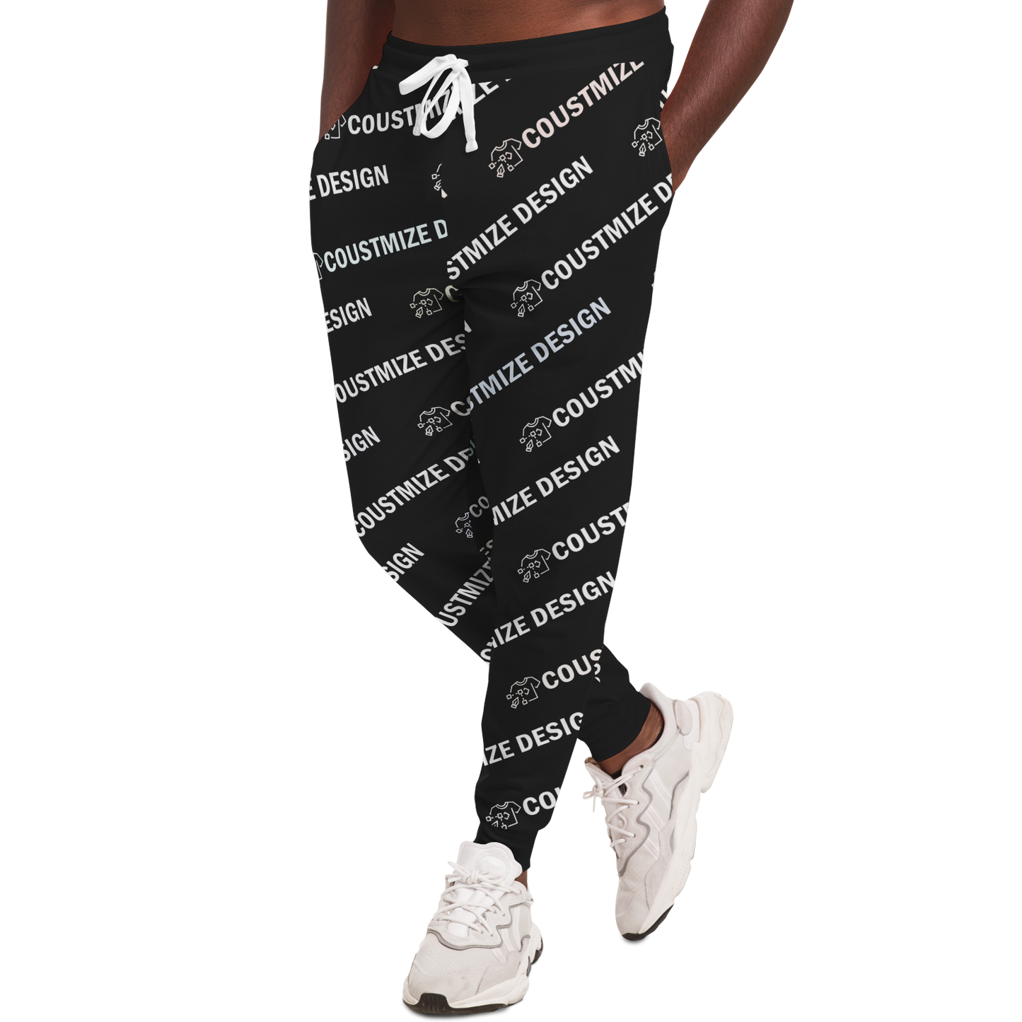 Angled view of man wearing custom joggers with repeating text for design placement