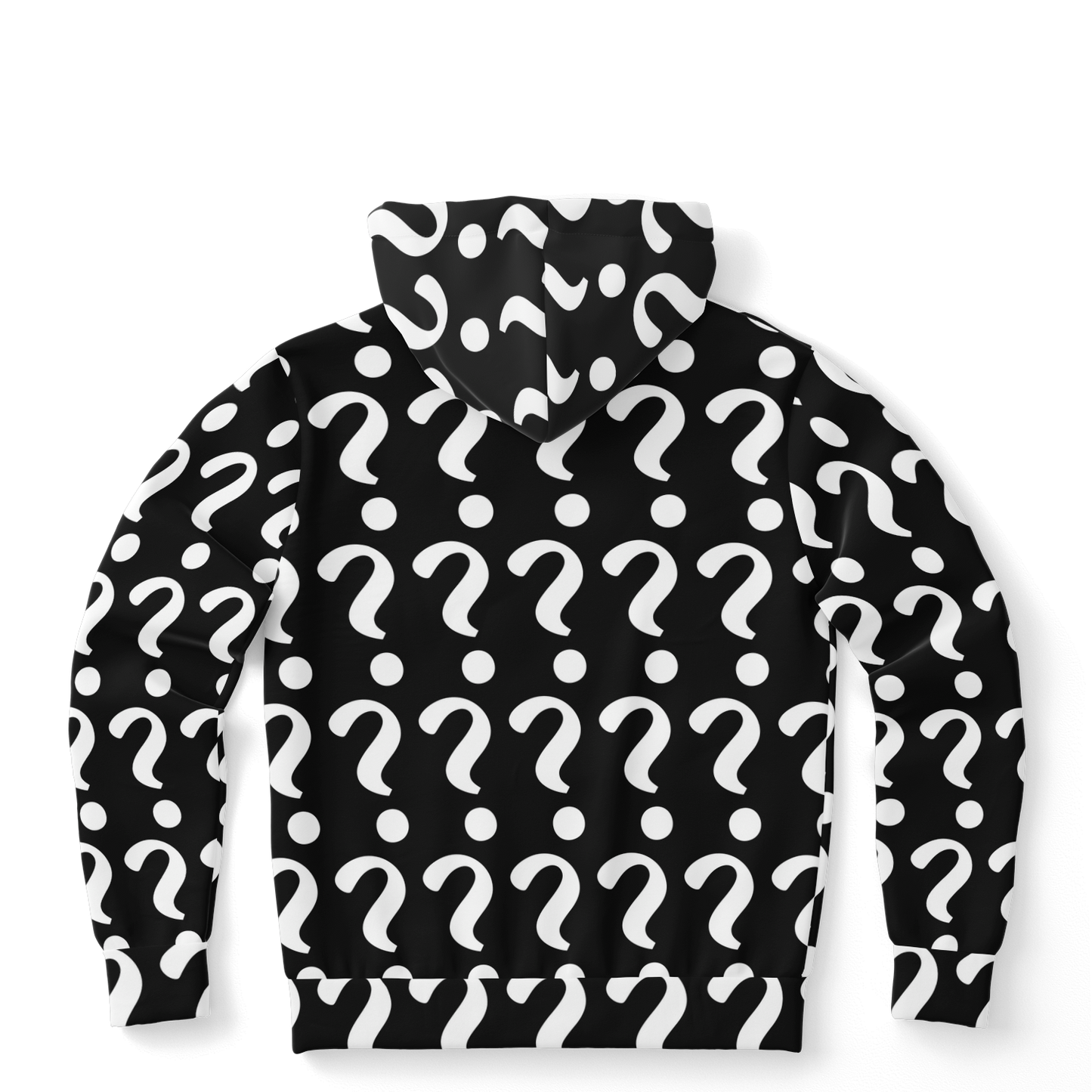 Flatlay back view of Custom Print Hoodie with customizable print area in question mark pattern