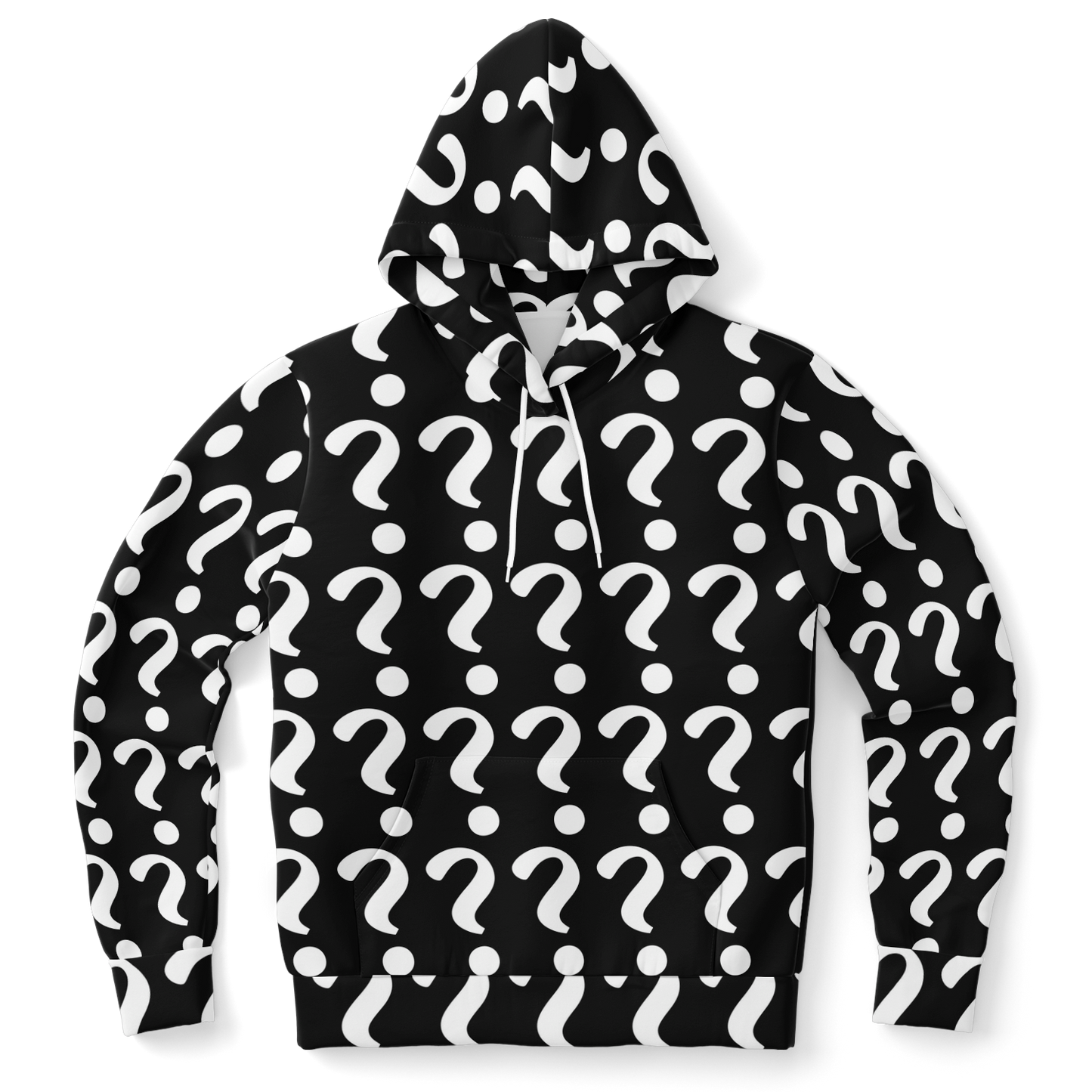 Flatlay front view of Custom Print Hoodie with question mark placeholders for personalized design