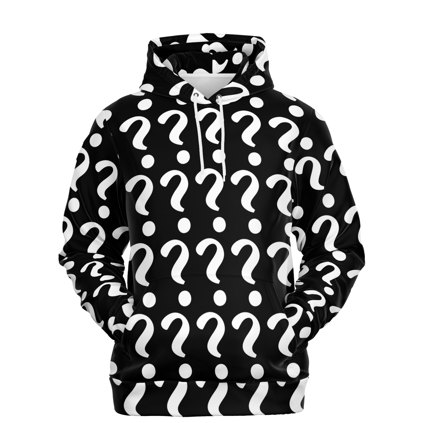 Front hanging view of Custom Print Hoodie displaying mockup pattern for user-uploaded graphics