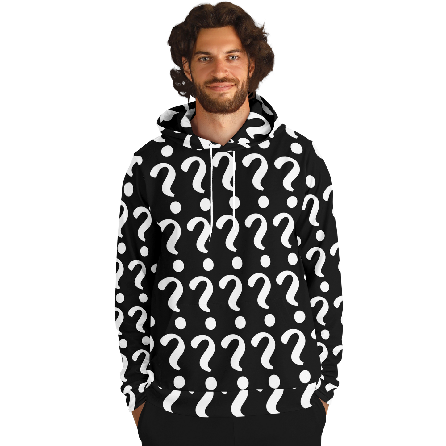 Male model in Custom Print Hoodie, front view with bold question mark template for personalization