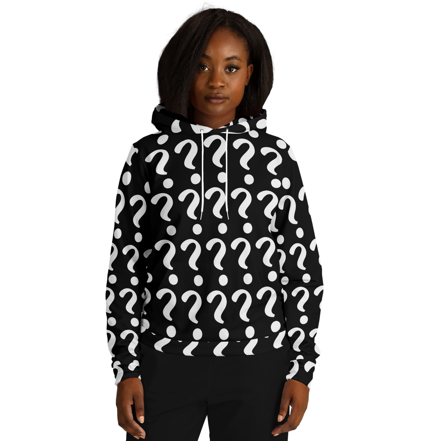 Woman wearing Custom Print Hoodie, front view with placeholder design for personalized artwork