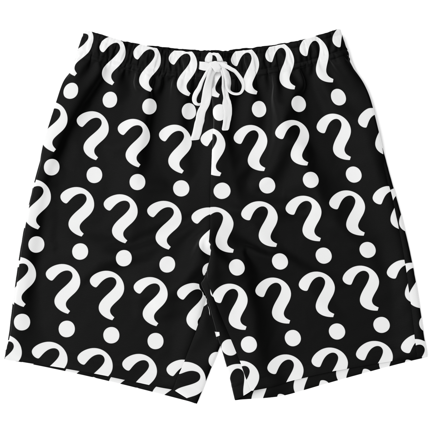 Flatlay front view of Custom Print Shorts with question mark placeholders for unique customer design