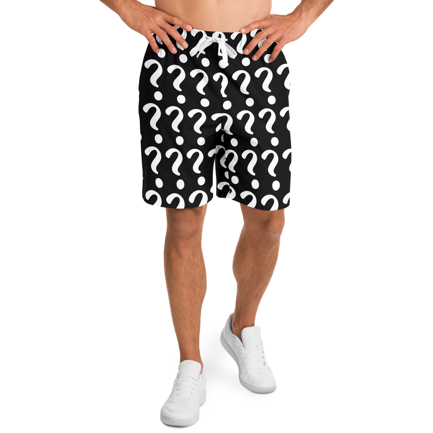 Forward walking pose of model wearing Custom Print Shorts with all-over mockup