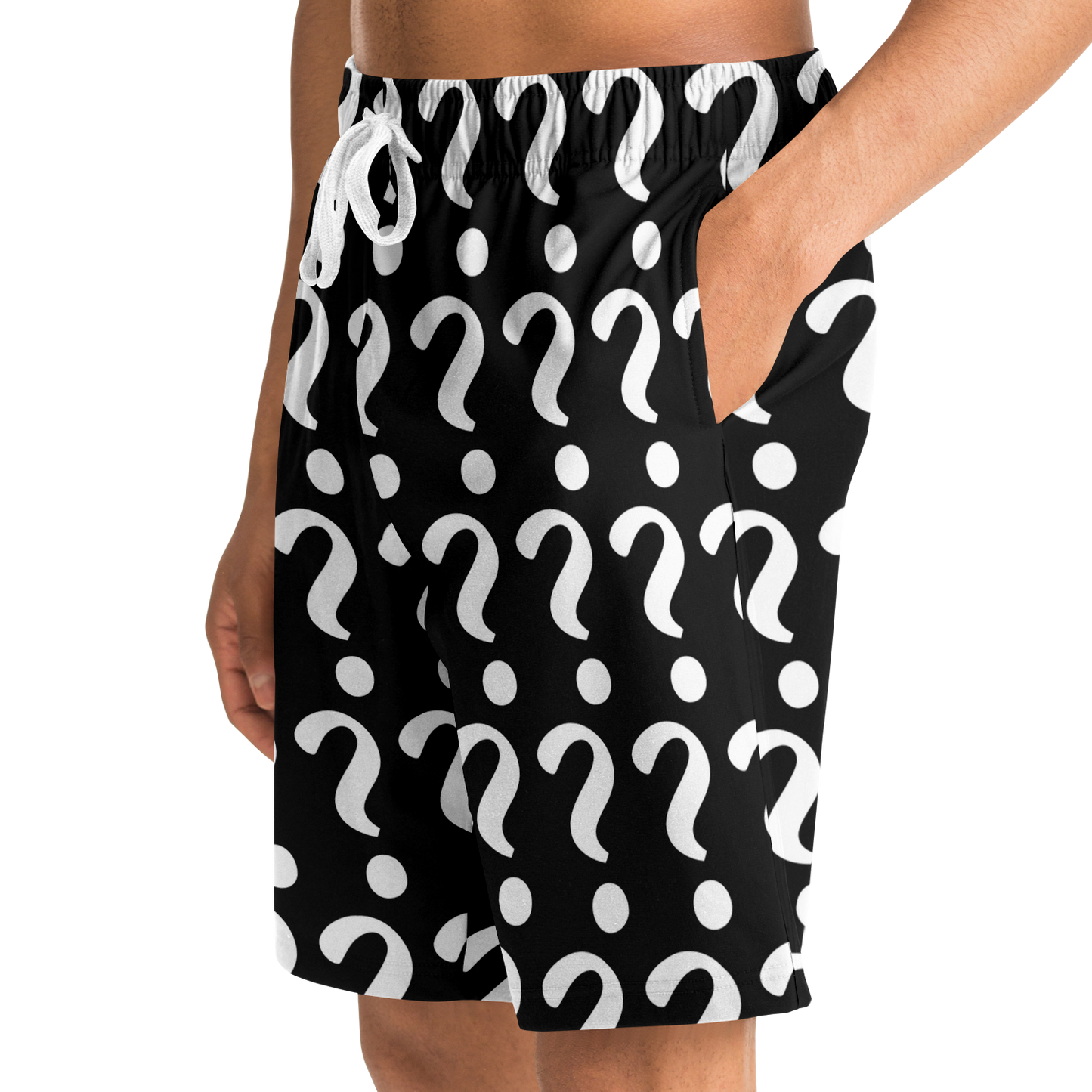 Side view of male model wearing Custom Print Shorts with hand in pocket and question mark placeholders for custom design