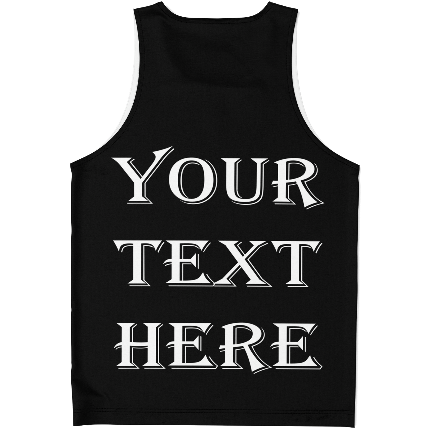 Black tank top shown flat from the back with space for your own custom message