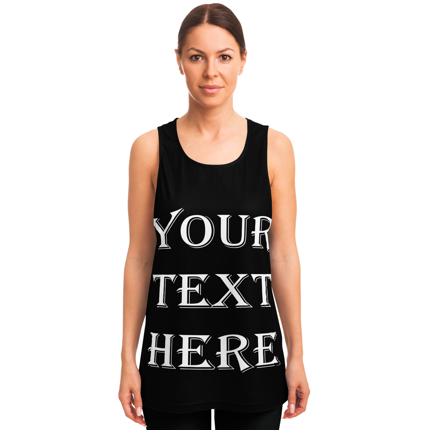 Woman wearing custom tank top with text placeholder, front-facing view