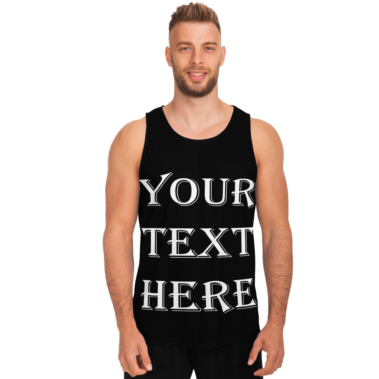 Man wearing a customizable black tank top with editable front text