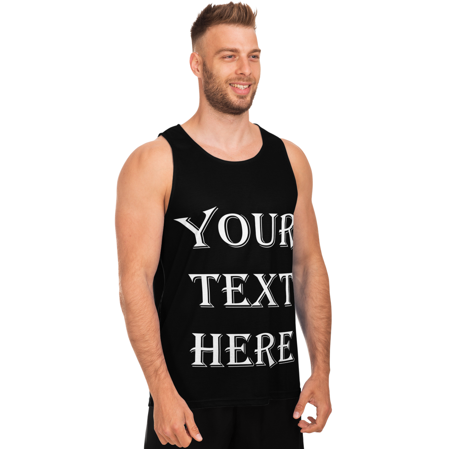 Side view of man modeling black tank top, ready for your custom text