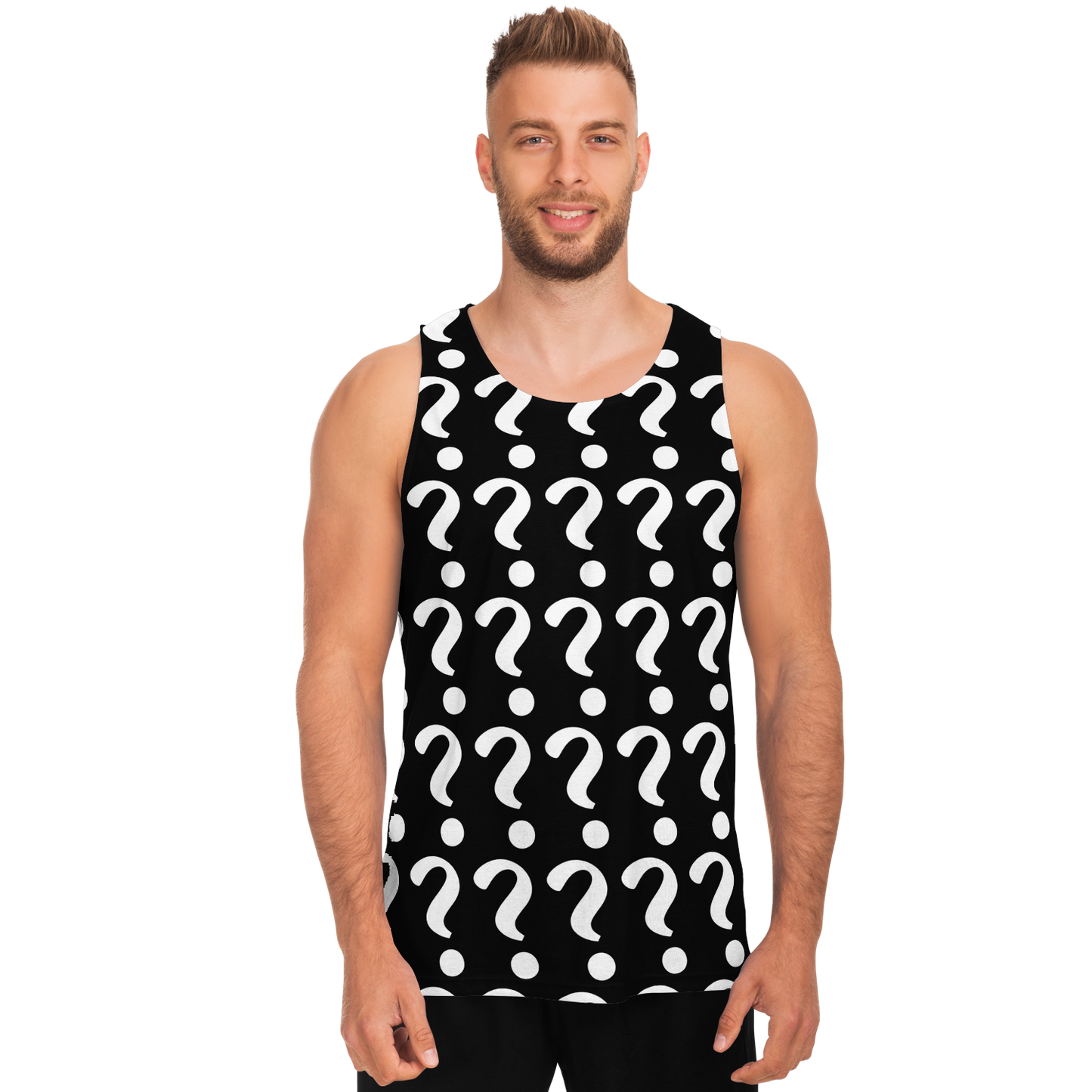 Man wearing Custom Print Tank Top, front view with black and white question mark placeholder print