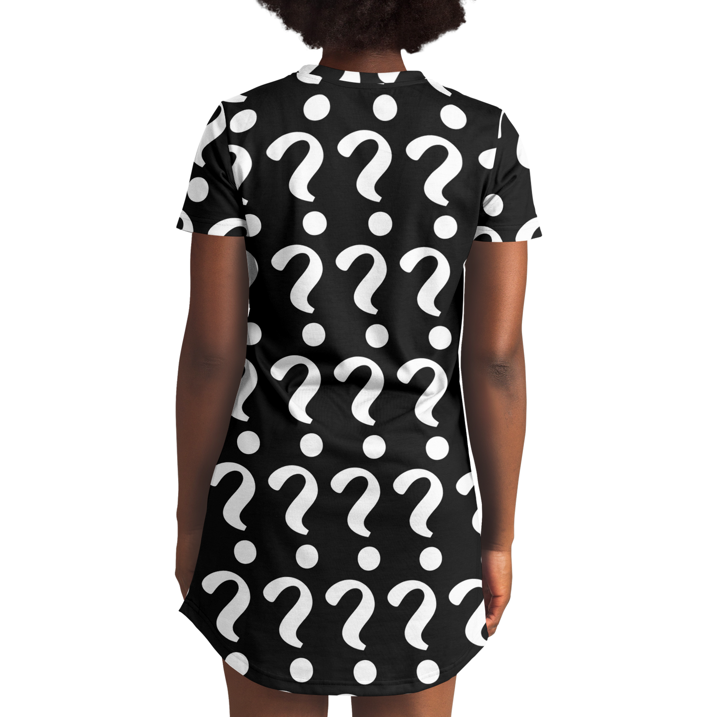 Back view of a woman wearing a custom T-shirt dress with all-over placeholder print featuring white question marks on a black background