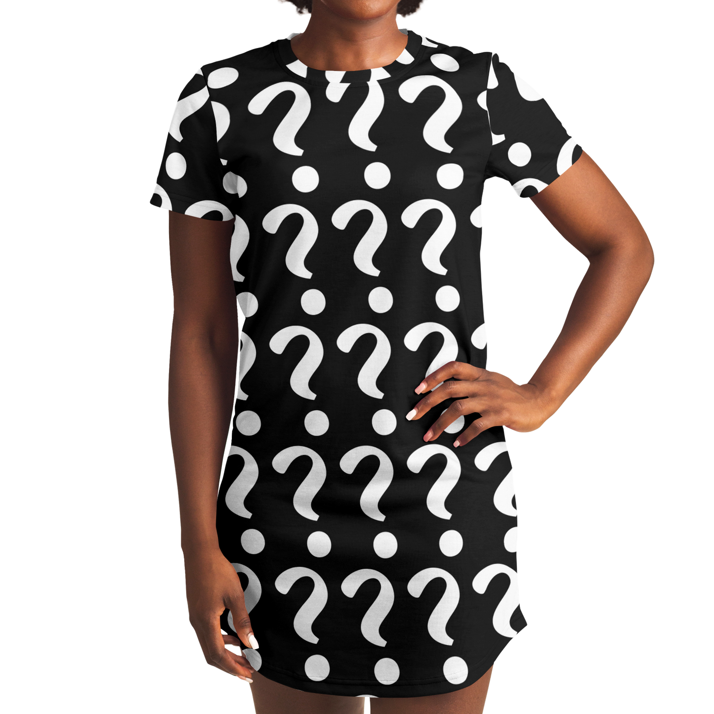 Front view of a woman wearing a custom T-shirt dress with white question marks on a black background, posing with one hand on her hip