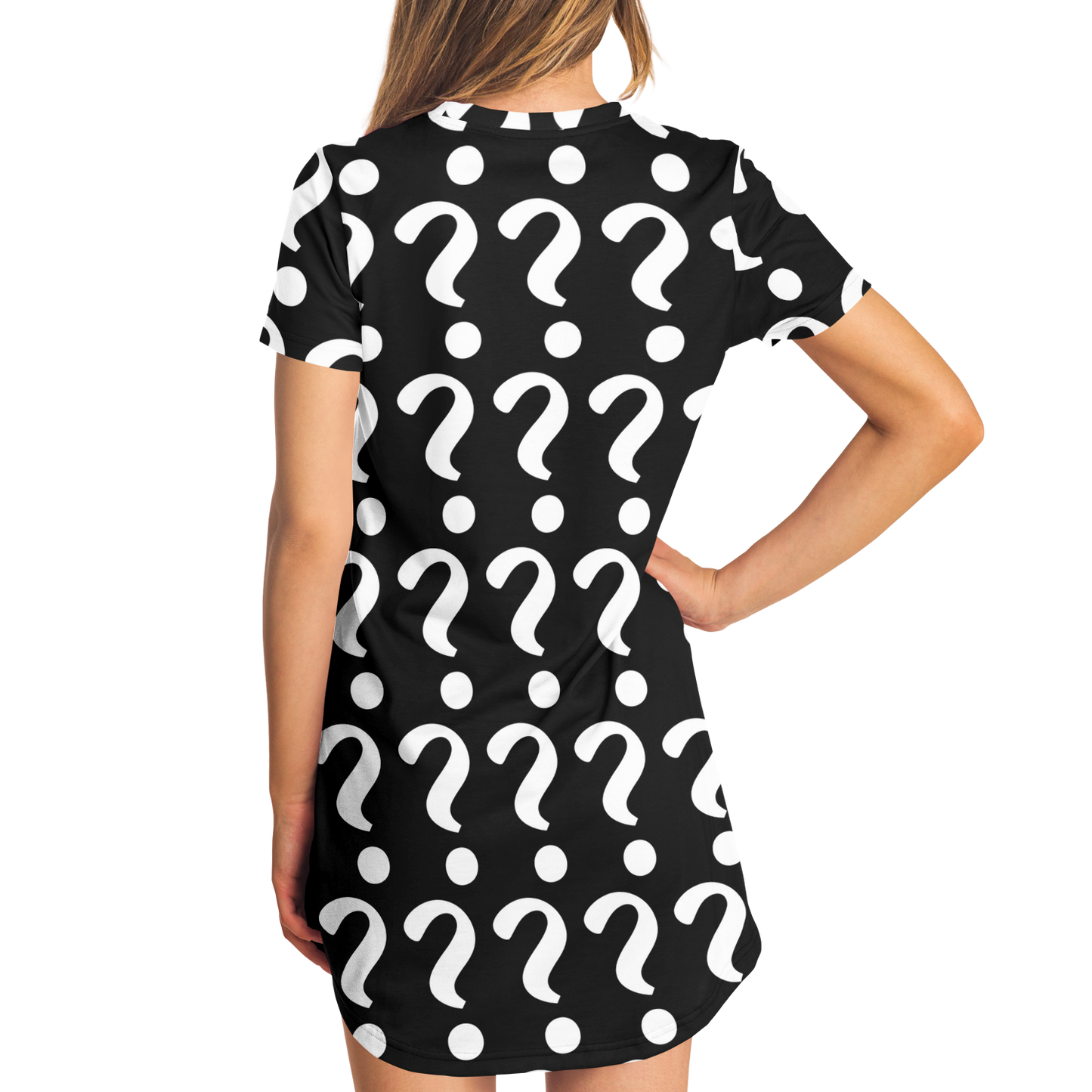 Female model showing back view of customizable T-shirt dress with question mark placeholder design