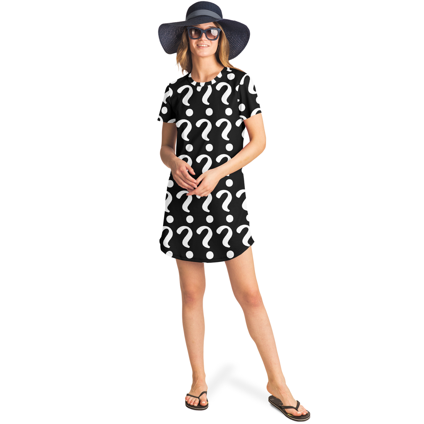Female model outdoors wearing Custom Print T-Shirt Dress with mockup design