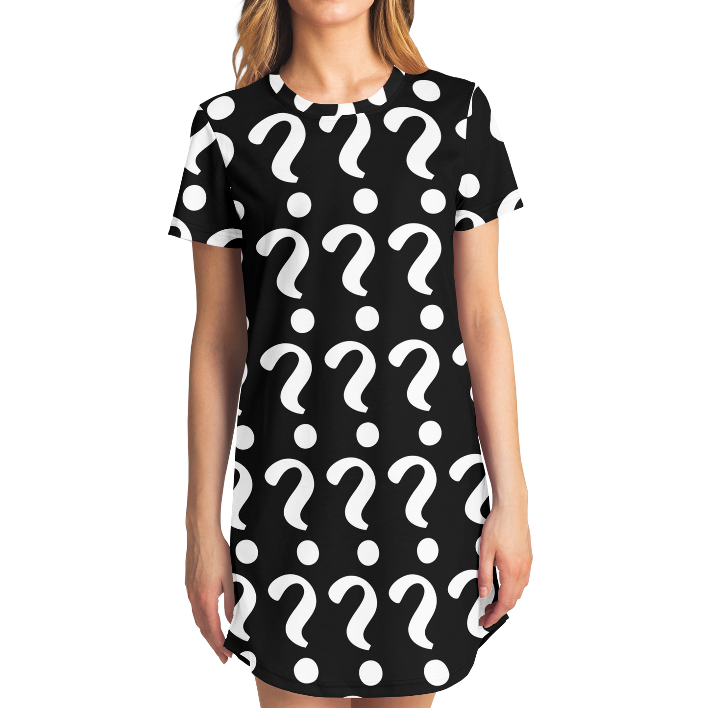 Female model wearing customizable T-shirt dress with placeholder question mark design on front