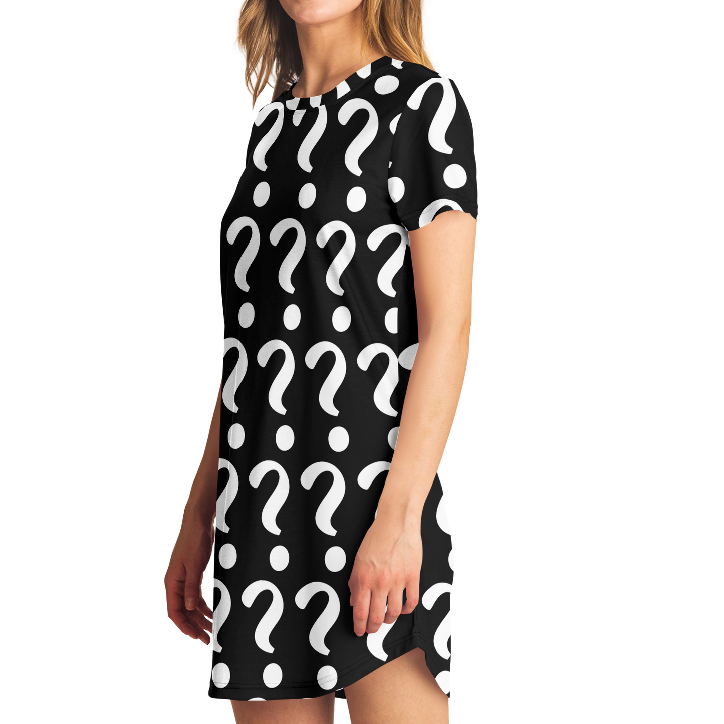 Profile view of woman modeling Custom Print T-Shirt Dress featuring placeholder graphics