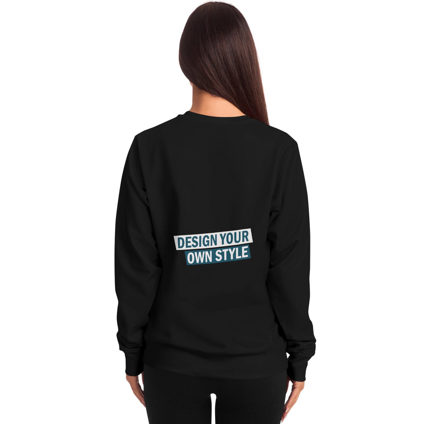 Back view of woman wearing personalized black sweatshirt with custom design print