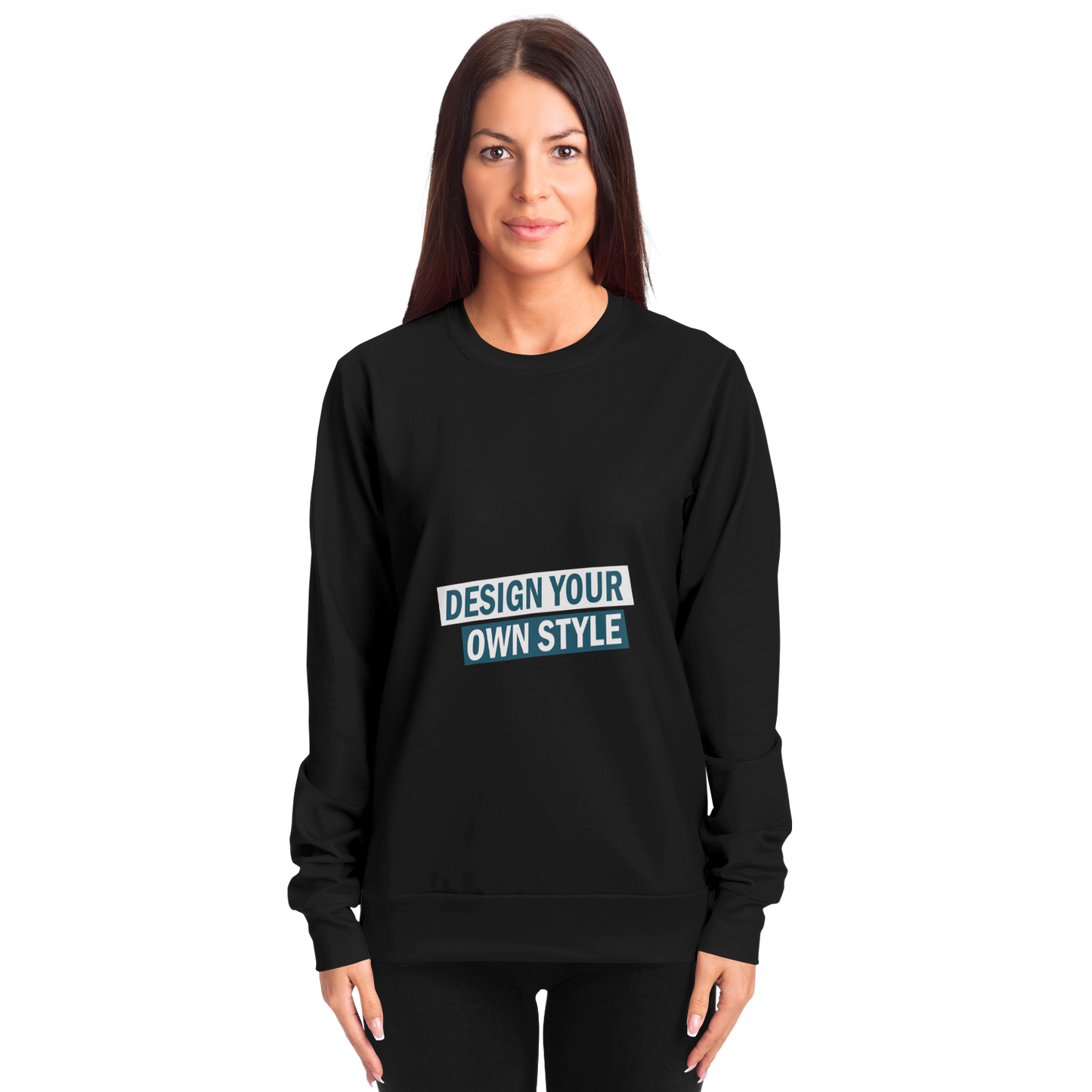 Woman wearing black custom sweatshirt with “Design Your Own Style” print, front view