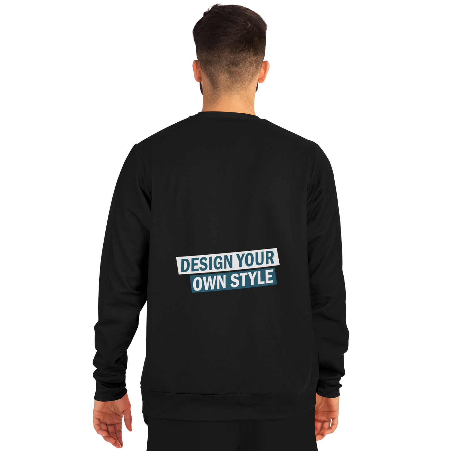 Back view of man wearing plain customizable black sweatshirt