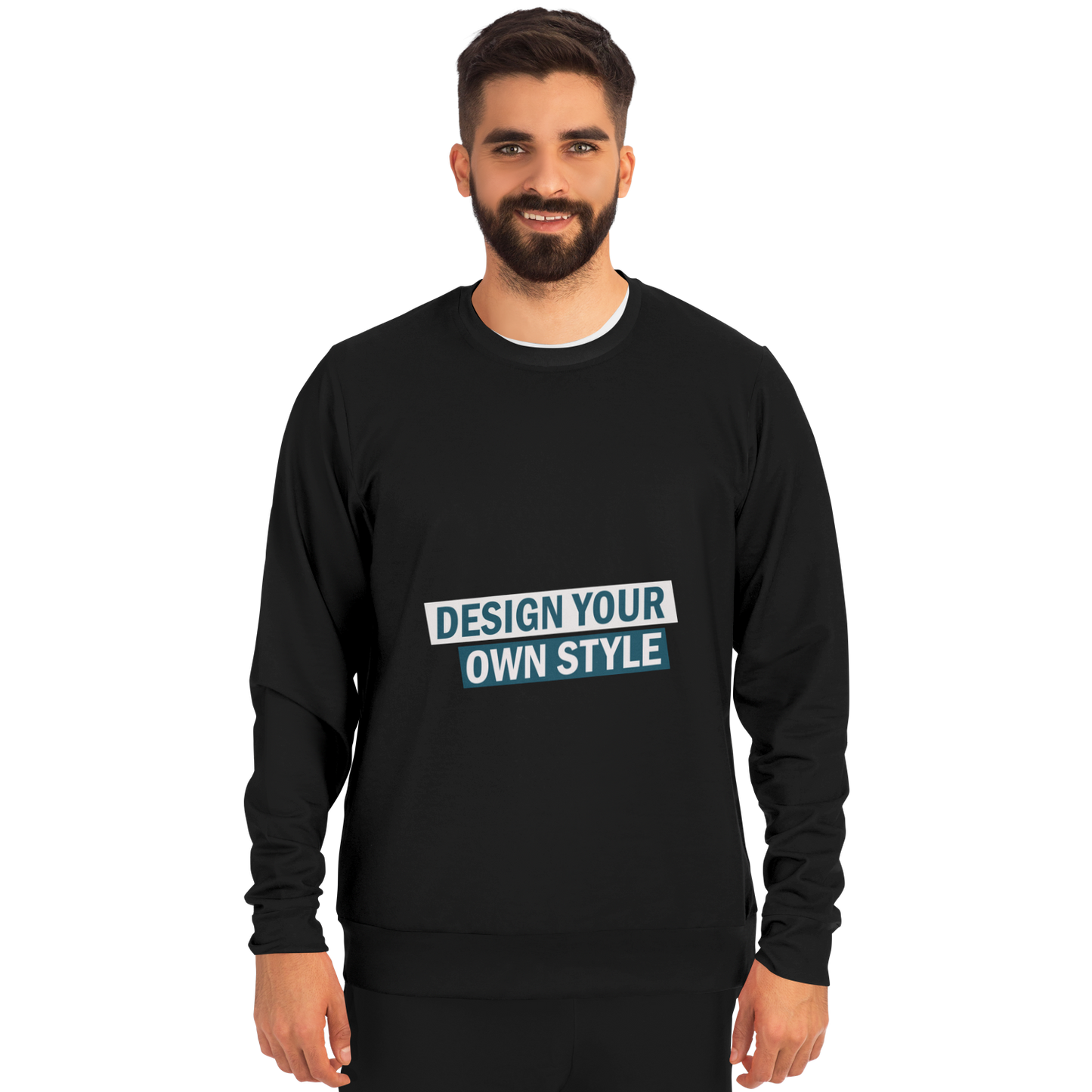 Man modeling black sweatshirt with “Design Your Own Style” custom front print