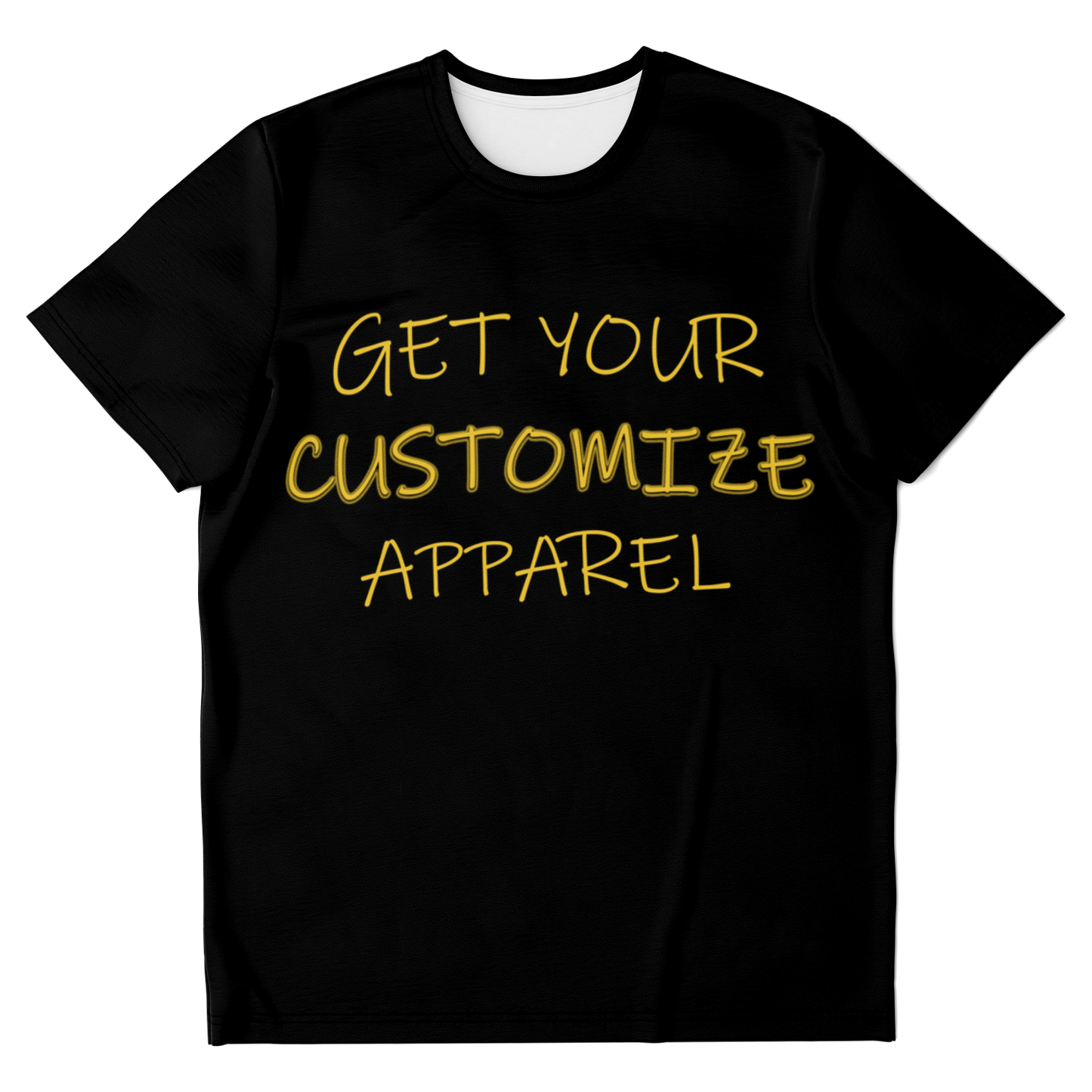 Flatlay front view of black Custom T-Shirt with placeholder “Get Your Customize Apparel” text for personalized design