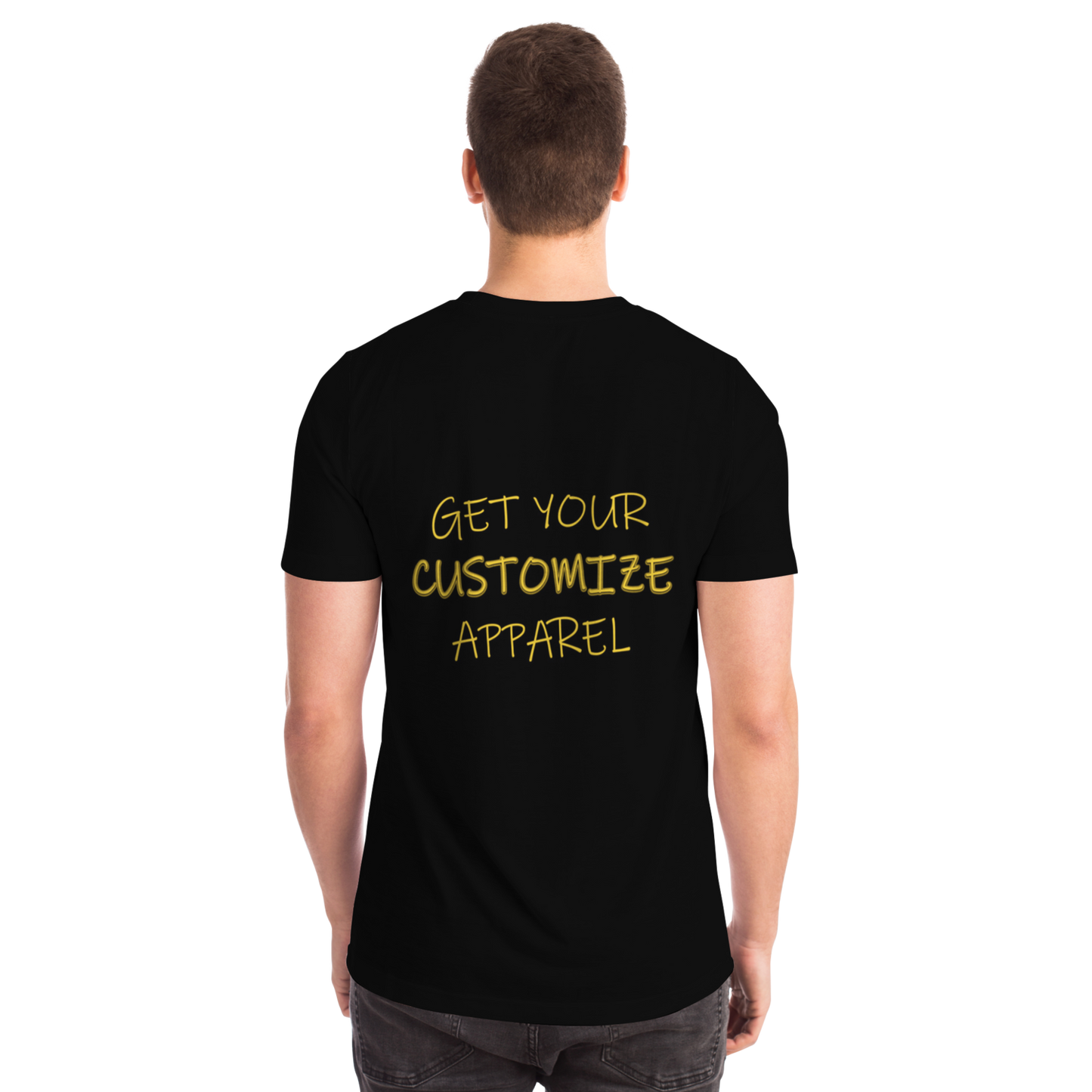 Rear view of customizable black T-shirt on male model, showcasing editable print area