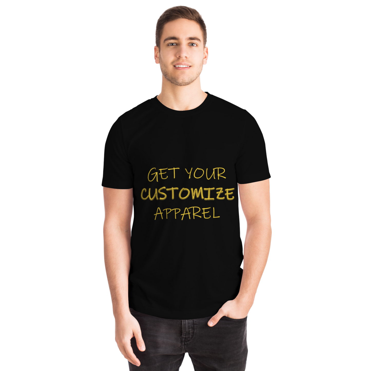 Male model in black Custom T-Shirt featuring front slogan “Get Your Customize Apparel” ready for custom input