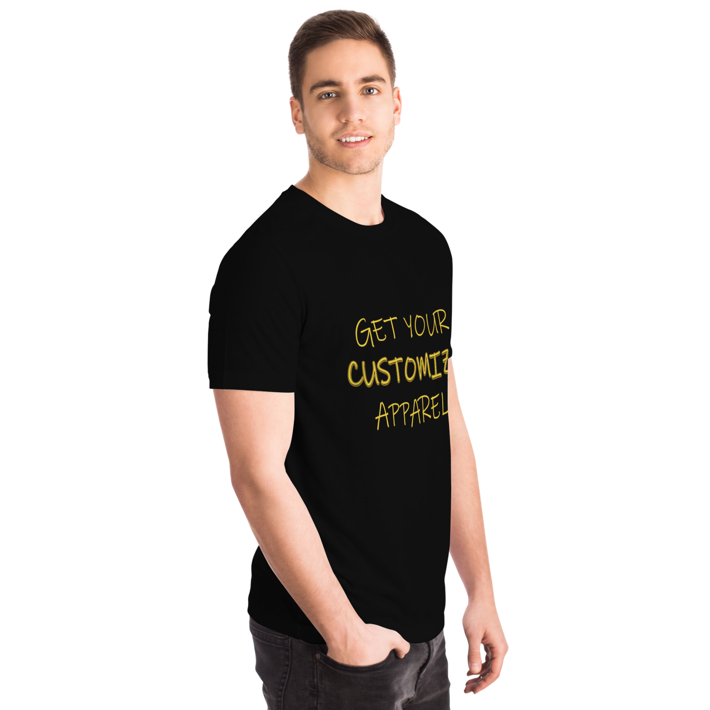 Side angle of black Custom T-Shirt on male model with editable message on chest