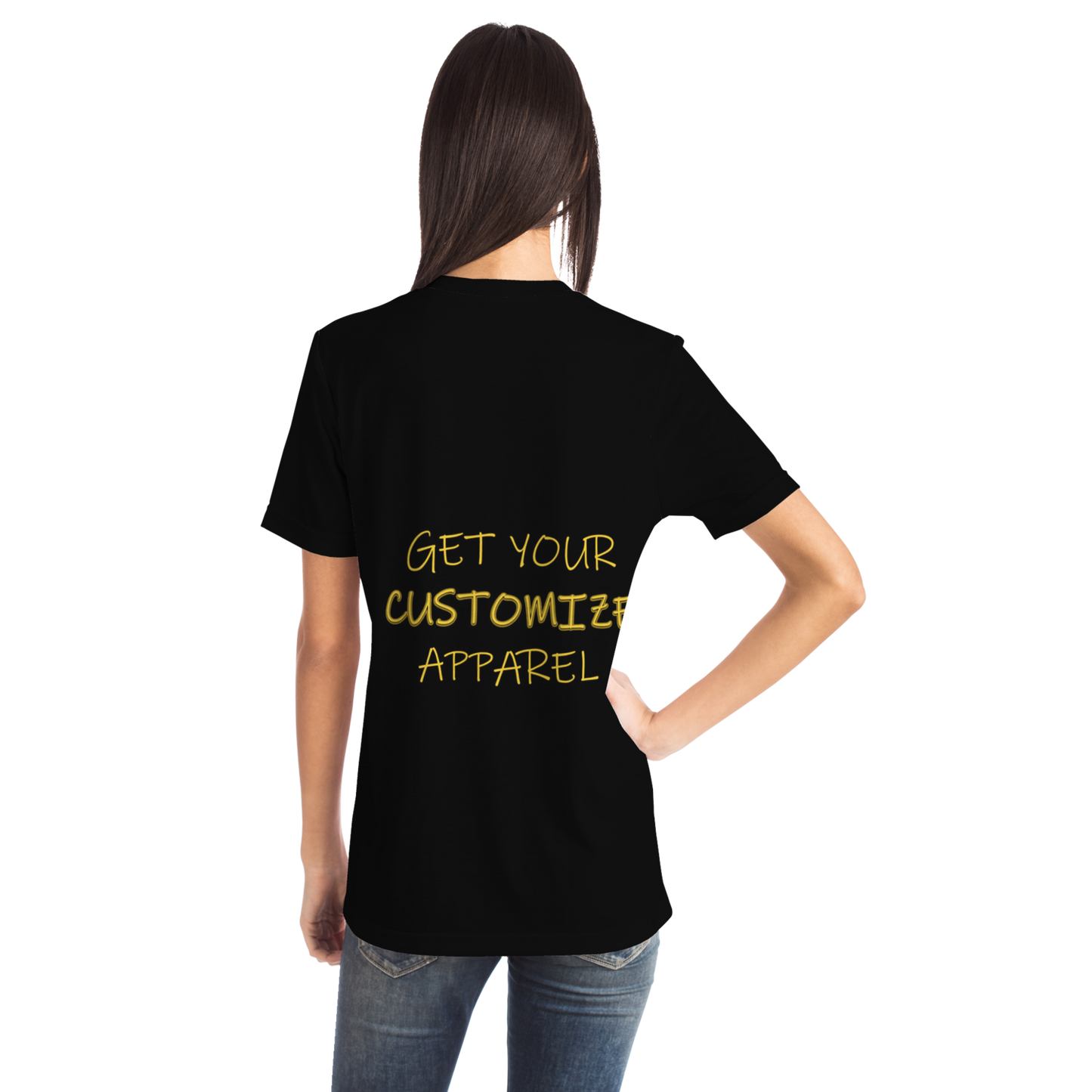 Back view of woman in Custom T-Shirt with editable slogan for user personalization