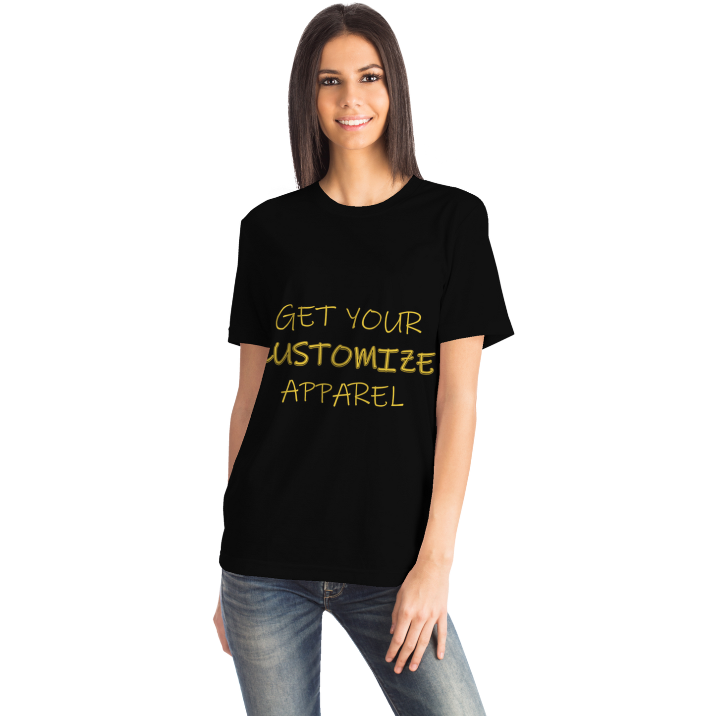 Front-facing woman modeling customizable apparel T-shirt with placeholder text