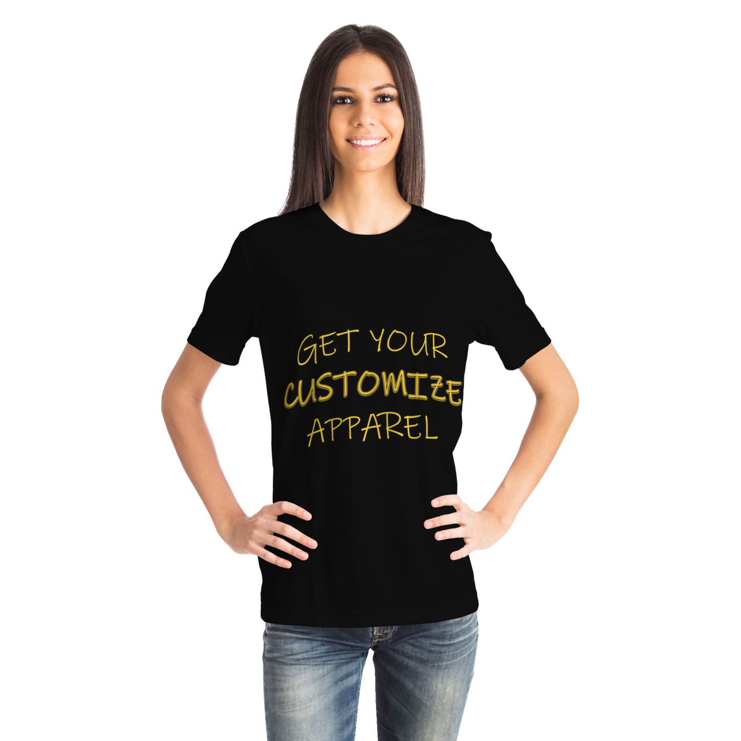 Female model wearing customizable black T-shirt with yellow text, front view with hand on hip