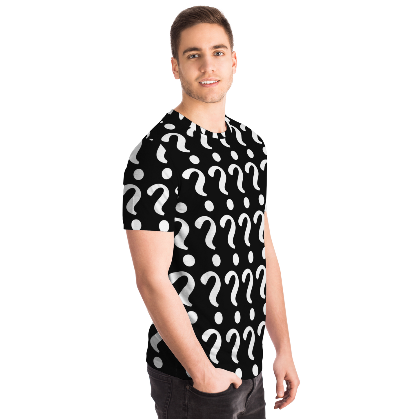 Angled front-side view of Custom Vision Unisex T-Shirt worn by male model with question mark placeholders