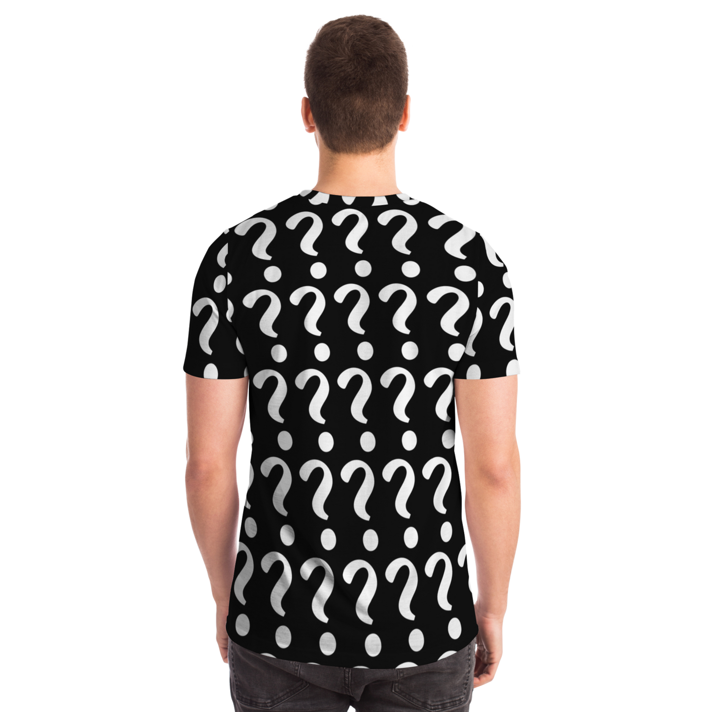 Back view of man wearing Custom Vision Unisex T-Shirt with repeat question mark template