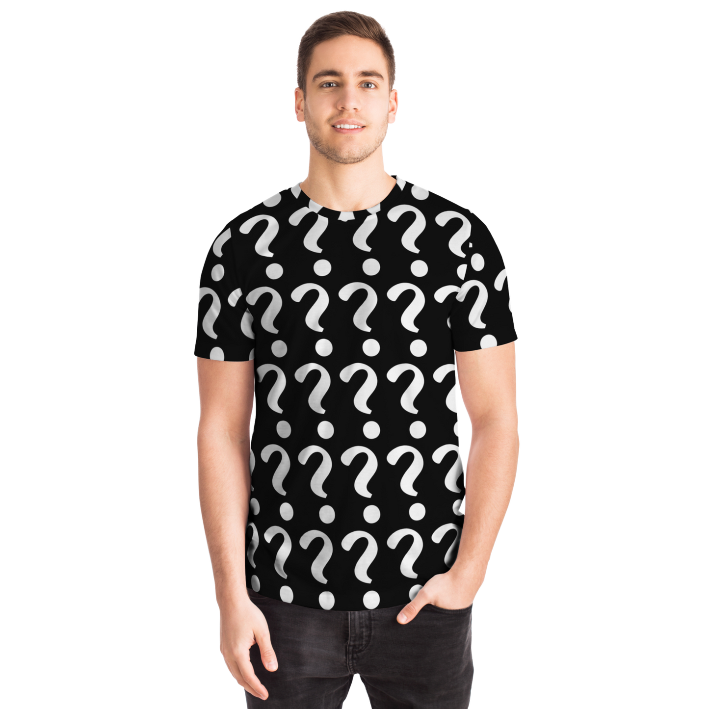 Man wearing Custom Vision Unisex T-Shirt, front view with question mark print for personalization