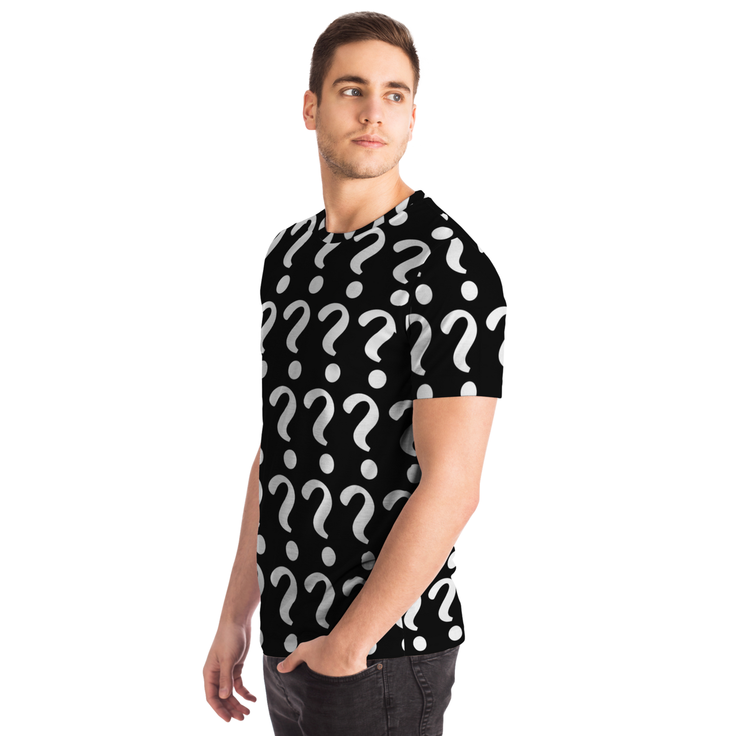Side view of man in Custom Vision Unisex T-Shirt designed for personalized full-print graphics