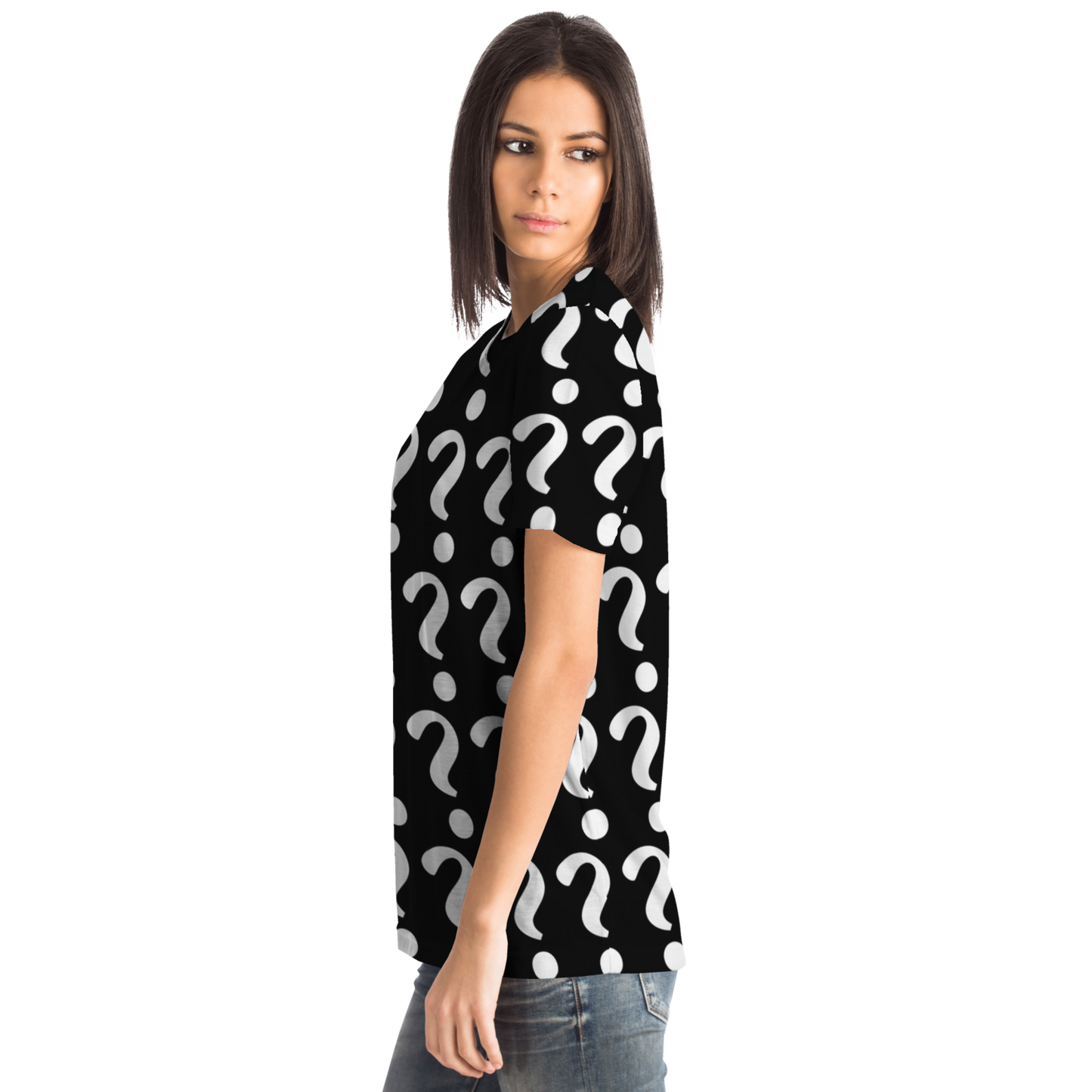 Back-angled view of Custom Vision Unisex T-Shirt on female model with full-body customizable print space