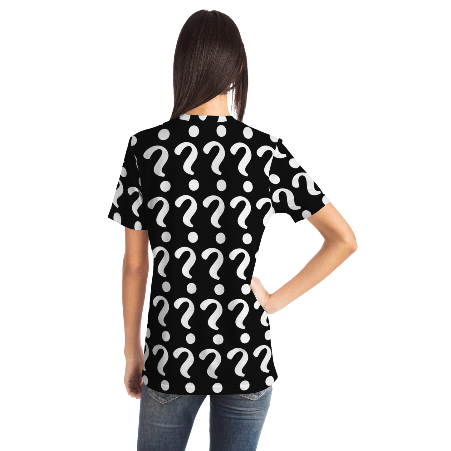 Back view of woman wearing Custom Vision Unisex T-Shirt showing design placement area