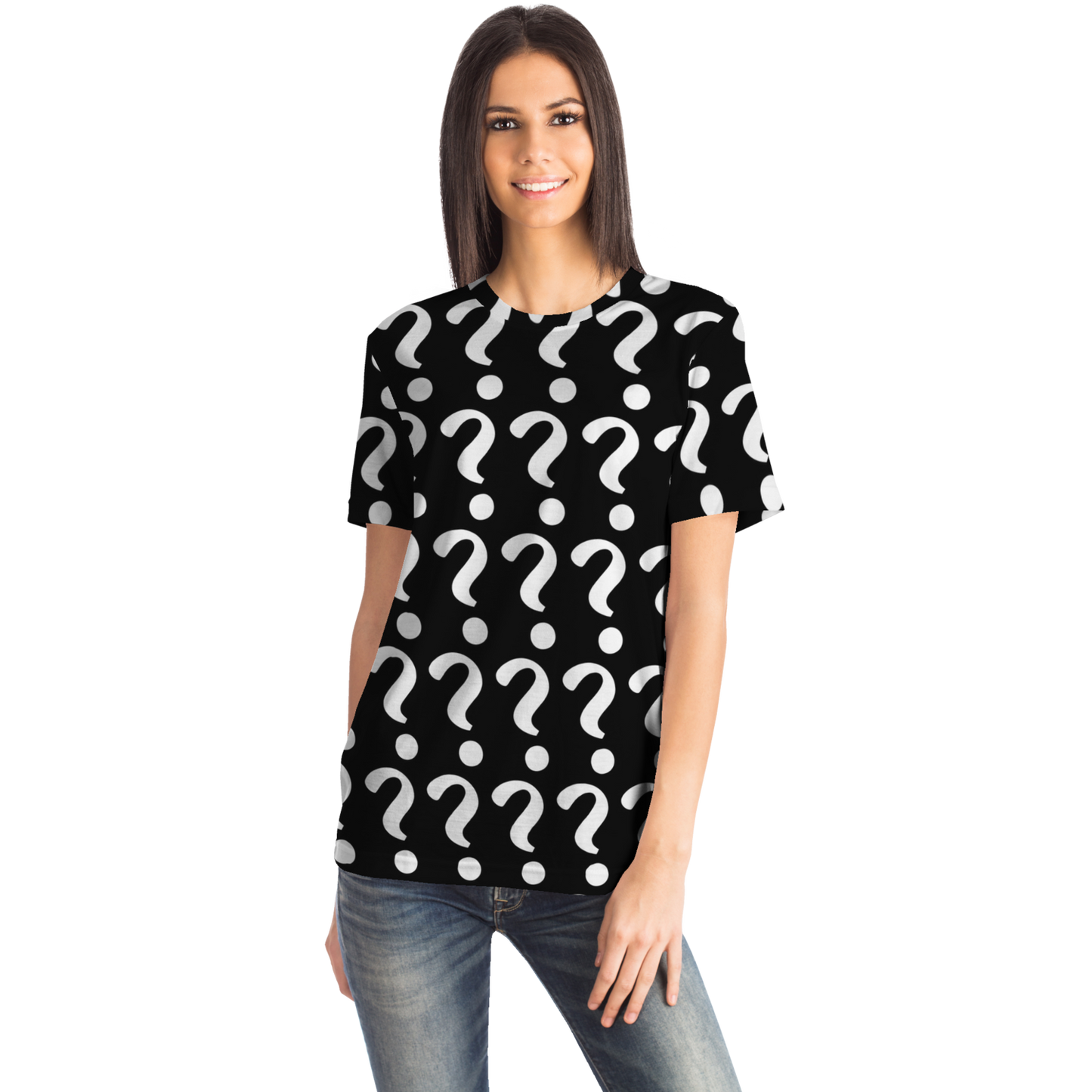 Woman wearing Custom Vision Unisex T-Shirt, front-facing with placeholder print for custom design