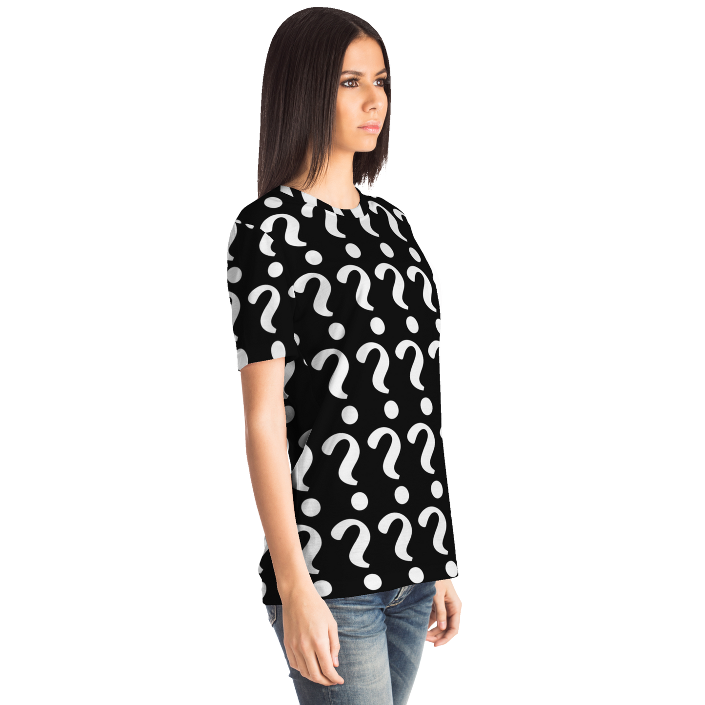 Side view of woman wearing Custom Vision Unisex T-Shirt showing design placement area