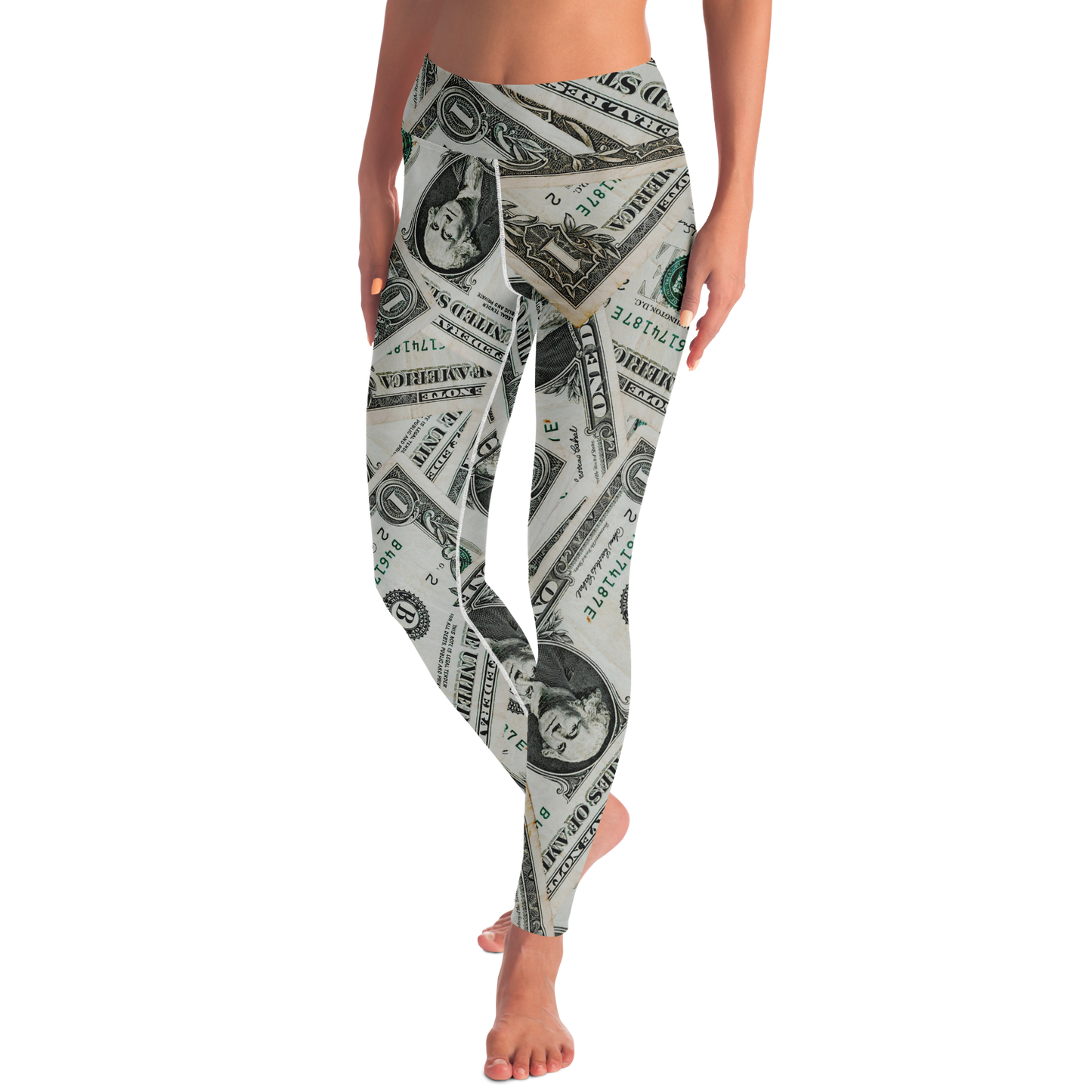 Dollar Mood Leggings – Angled pose revealing confident fit and cash-inspired vibes