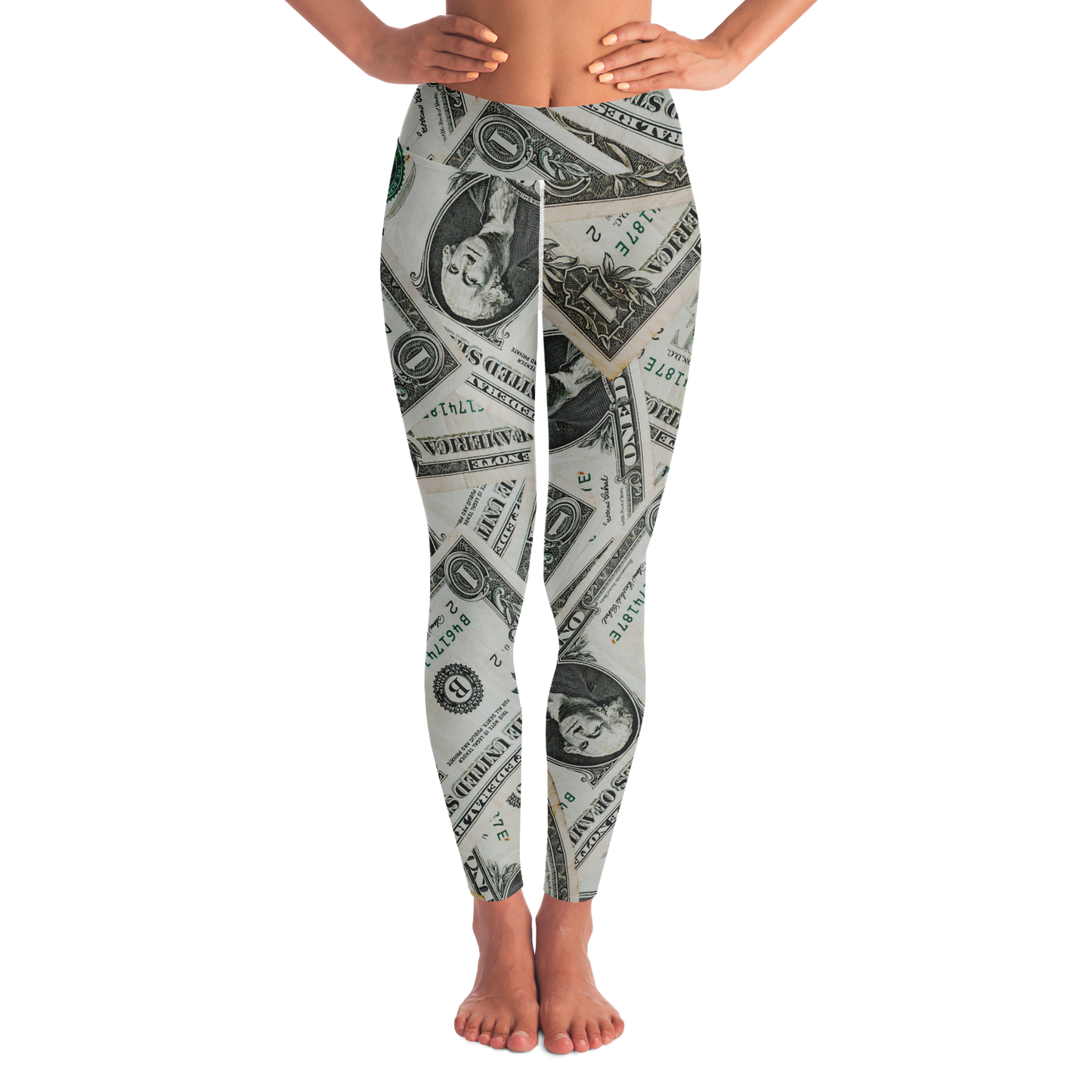 Dollar Mood Leggings – Front view featuring an all-over money print for statement style