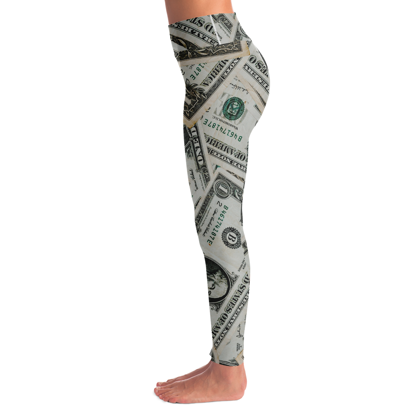 Dollar Mood Leggings – Left side profile showing seamless money-themed artwork