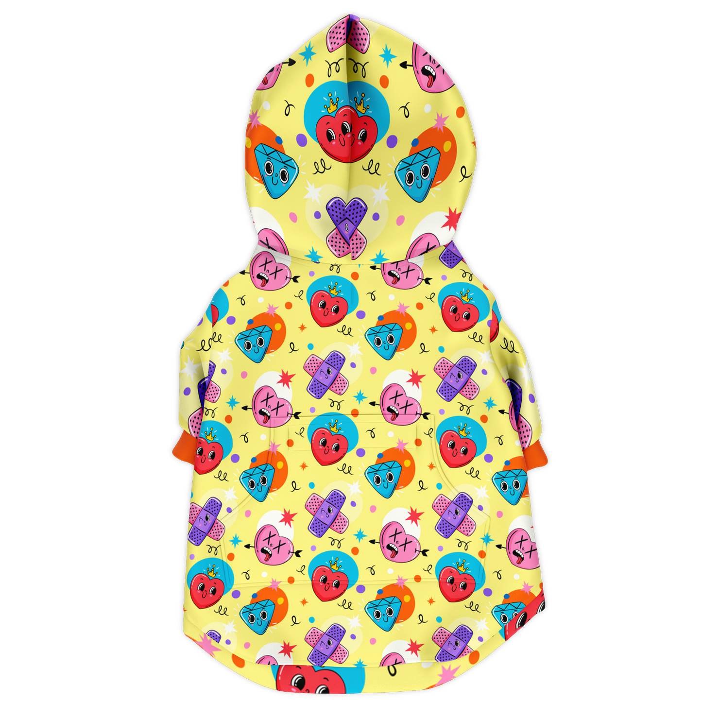 Back view of emoji print dog hoodie with colorful emoji pattern