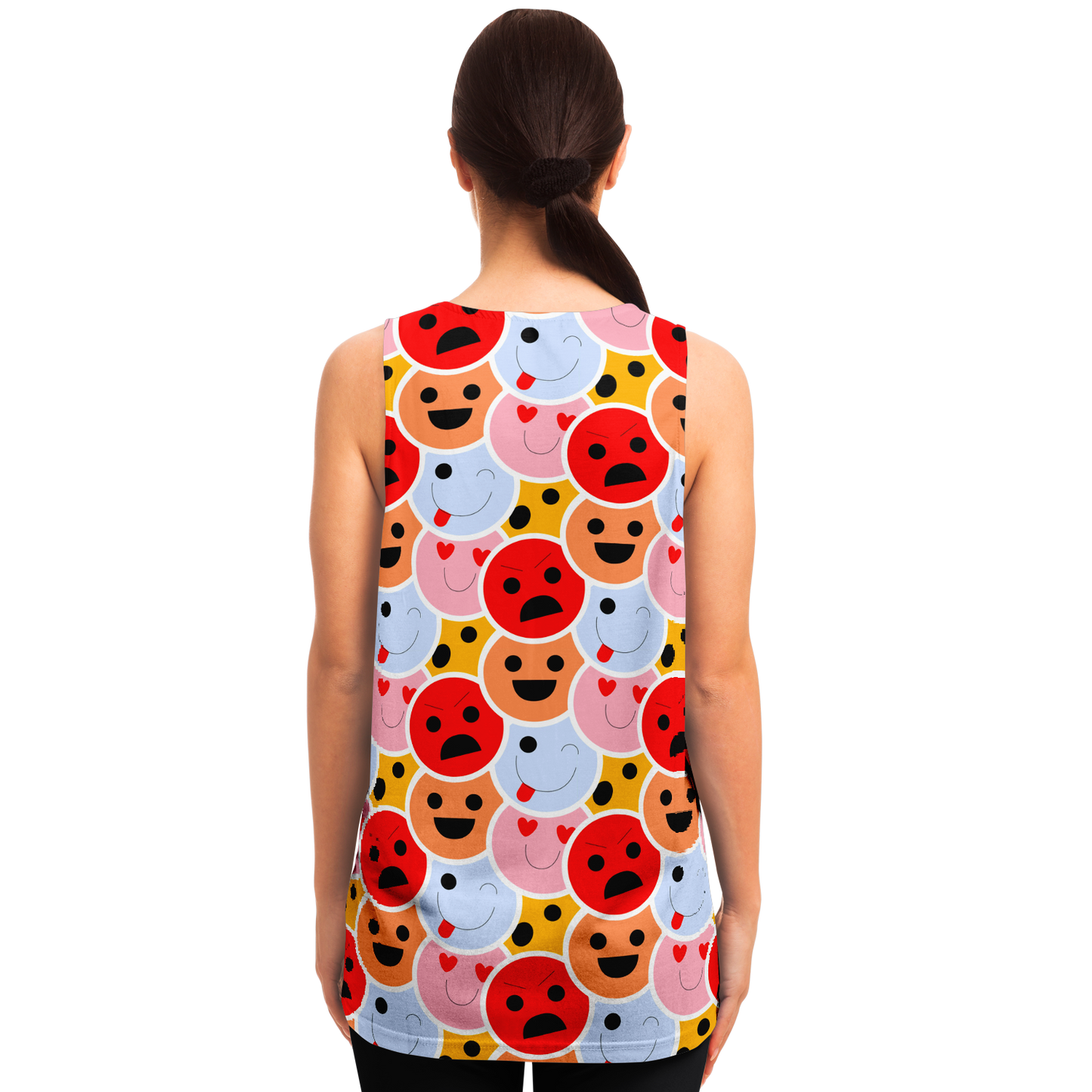 Back view of female model wearing Emoji Vibes Tank Top decorated with cheerful multicolor emojis