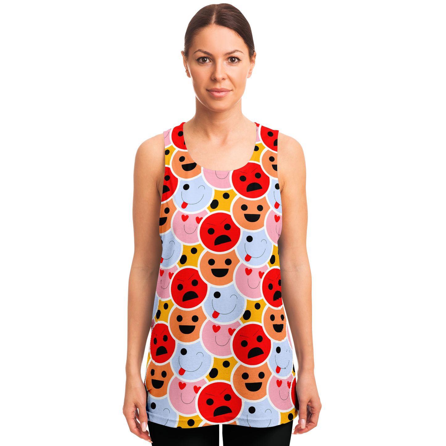 Front view of woman modeling Emoji Vibes Tank Top with playful all-over emoji design